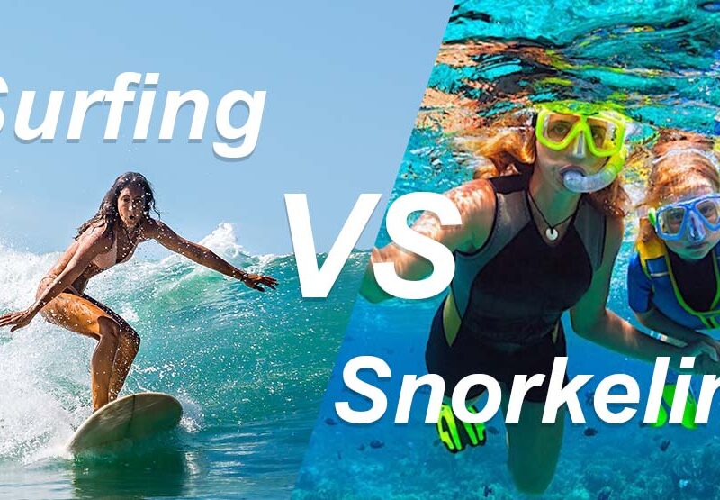 A lady is surfing on a surfboard, a lady and a little girl are snorkeling in the ocean, with the text "Surfing vs Snorkeling" displayed above them.