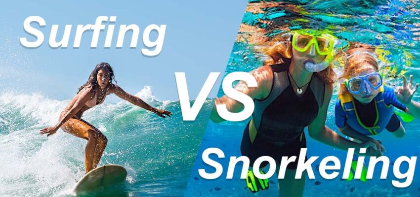 A lady is surfing on a surfboard, a lady and a little girl are snorkeling in the ocean, with the text "Surfing vs Snorkeling" displayed above them.