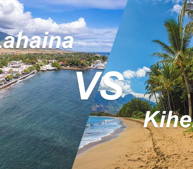 Lahaina vs Kihei – Which is Better for Kayaking? Scenic comparison showing Lahaina’s waterfront town and Kihei’s tropical beach for the ultimate Maui kayaking experience.
