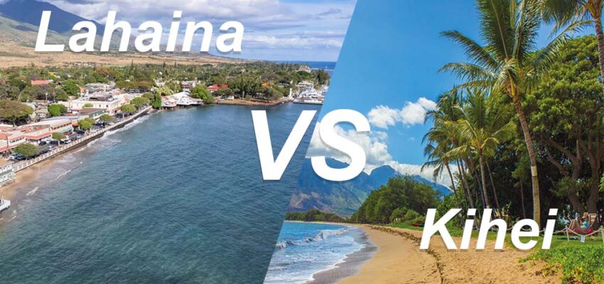 Lahaina vs Kihei – Which is Better for Kayaking? Scenic comparison showing Lahaina’s waterfront town and Kihei’s tropical beach for the ultimate Maui kayaking experience.